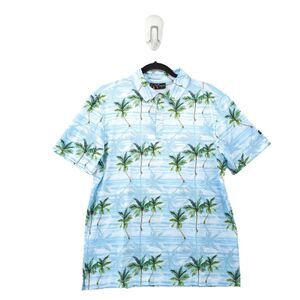 YATTA GOLF Men M Polo Shirt Blue Hawaiian Palm Trees Makani Olu Olu Floral NEW
